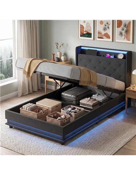 HOMCOM 3ft Single Bed Frame with Headboard, Platform Bed Frame with Hydraulic Storage, LED Lights and Charging Station, Black - pic 207602 | FastDaddyshop
