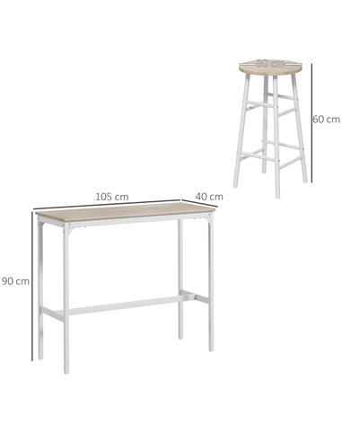 HOMCOM 3 Piece Bar Table Set with 2 Stools, Industrial Bar Table and Stool, Dining Table and Chair, Oak