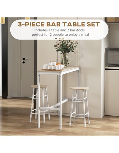 HOMCOM 3 Piece Bar Table Set with 2 Stools, Industrial Bar Table and Stool, Dining Table and Chair, Oak
