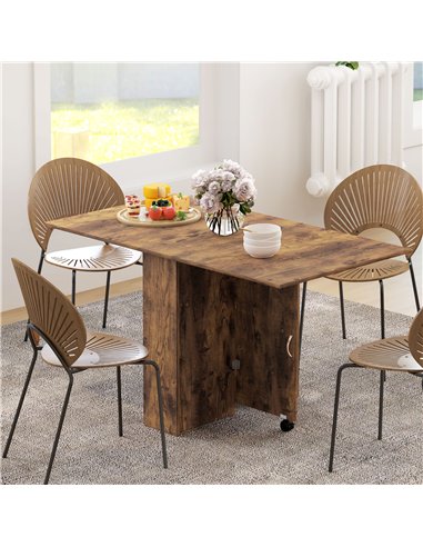 HOMCOM 80-140 cm Folding Dining Table for 4-6 People, Drop Leaf Table with 2-Tier Shelves, Rolling Casters, Rustic Brown