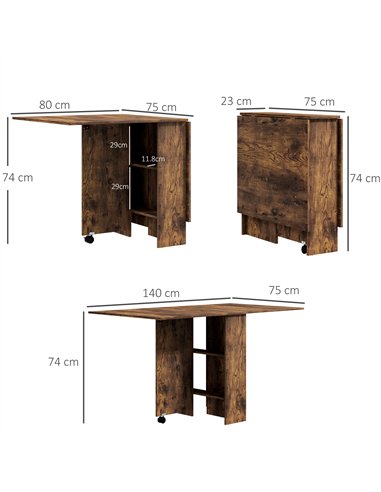 HOMCOM 80-140 cm Folding Dining Table for 4-6 People, Drop Leaf Table with 2-Tier Shelves, Rolling Casters, Rustic Brown