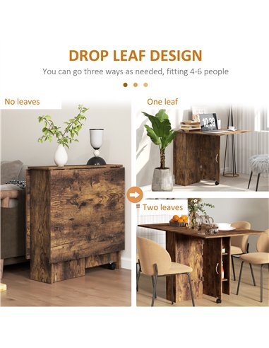 HOMCOM 80-140 cm Folding Dining Table for 4-6 People, Drop Leaf Table with 2-Tier Shelves, Rolling Casters, Rustic Brown