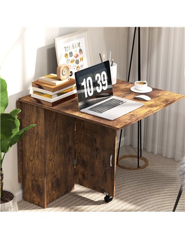 HOMCOM 80-140 cm Folding Dining Table for 4-6 People, Drop Leaf Table with 2-Tier Shelves, Rolling Casters, Rustic Brown