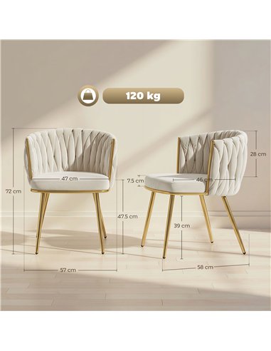 HOMCOM Velvet-Feel Dining Chairs Set of 2, Modern Upholstered Armchair with Knot Design and Golden Metal Legs, Accent Chair for 