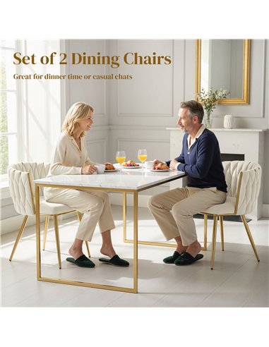 HOMCOM Velvet-Feel Dining Chairs Set of 2, Modern Upholstered Armchair with Knot Design and Golden Metal Legs, Accent Chair for 