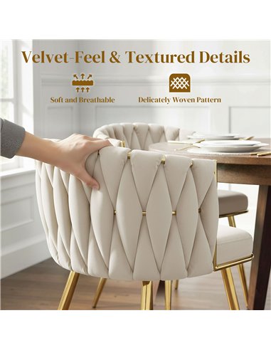 HOMCOM Velvet-Feel Dining Chairs Set of 2, Modern Upholstered Armchair with Knot Design and Golden Metal Legs, Accent Chair for 