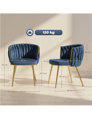 HOMCOM Velvet-Feel Dining Chairs Set of 2, Modern Upholstered Armchair with Knot Design and Golden Metal Legs, Accent Chair for 