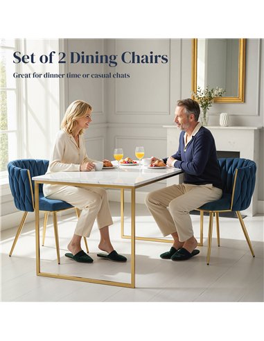 HOMCOM Velvet-Feel Dining Chairs Set of 2, Modern Upholstered Armchair with Knot Design and Golden Metal Legs, Accent Chair for 