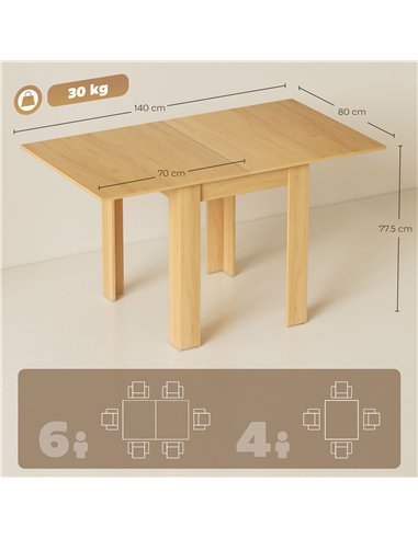 HOMCOM Folding Dining Table for 4-6, Rectangular Extendable Drop Leaf Table for Small Spaces, 140 x 80 x 77.5 cm, Natural