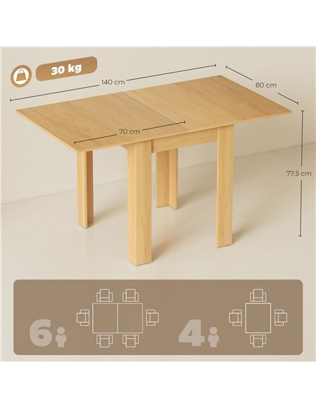 HOMCOM Folding Dining Table for 4-6, Rectangular Extendable Drop Leaf Table for Small Spaces, 140 x 80 x 77.5 cm, Natural - pic 207677 | FastDaddyshop
