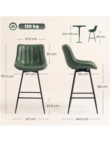 HOMCOM Set of 2 PU Leather Swivel Bar Stools - Dark Green