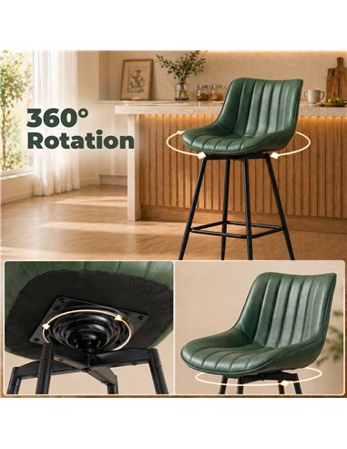 HOMCOM Set of 2 PU Leather Swivel Bar Stools - Dark Green