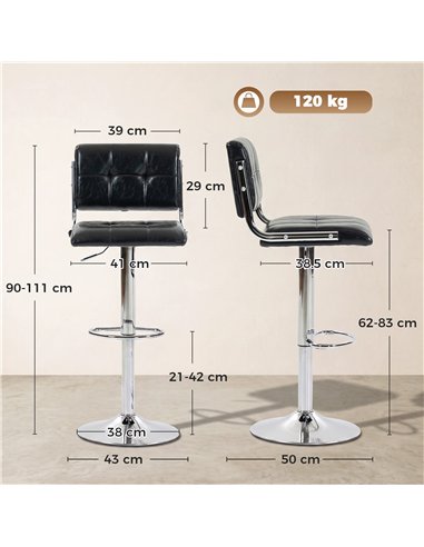 HOMCOM Bar Stools Modern PU Leather Adjustable Breakfast Bar Stools Backrest Set of 2 Black