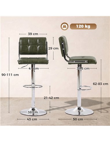HOMCOM Bar Stools Modern PU Leather Adjustable Breakfast Bar Stools Backrest Set of 2 Green