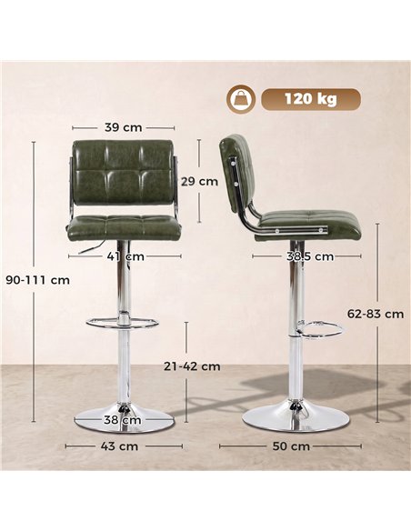 HOMCOM Bar Stools Modern PU Leather Adjustable Breakfast Bar Stools Backrest Set of 2 Green - pic 207713 | FastDaddyshop