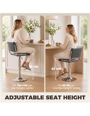 HOMCOM Bar Stools Modern PU Leather Adjustable Breakfast Bar Stools Backrest Set of 2 Grey