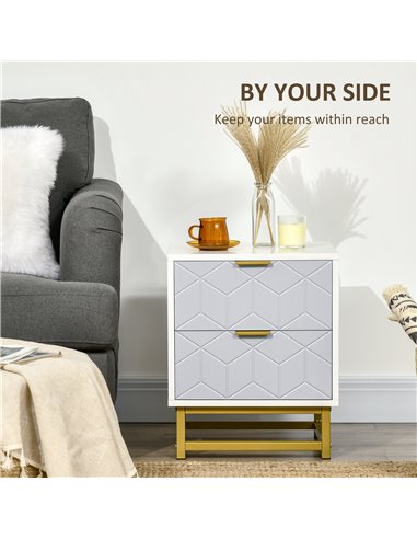 HOMCOM Bedside Cabinet with 2 Drawers, Steel Frame, Grey and White