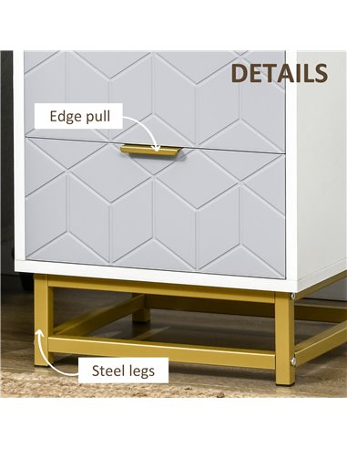 HOMCOM Bedside Table with 2 Drawers, Side Table, Bedside Cabinet with Steel Frame for Living Room, Bedroom, Grey and White