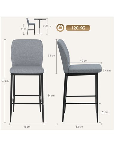 HOMCOM Modern Tall Chairs, Set of 2 Velvet Bar Stools with Footrest and Backrest, Kitchen & Living Room Stools, Grey
