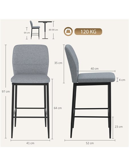 HOMCOM Modern Tall Chairs, Set of 2 Velvet Bar Stools with Footrest and Backrest, Kitchen & Living Room Stools, Grey - pic 207776 | FastDaddyshop