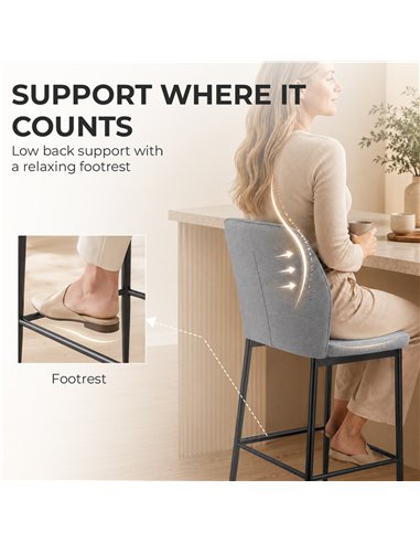 HOMCOM Modern Tall Chairs, Set of 2 Velvet Bar Stools with Footrest and Backrest, Kitchen & Living Room Stools, Grey