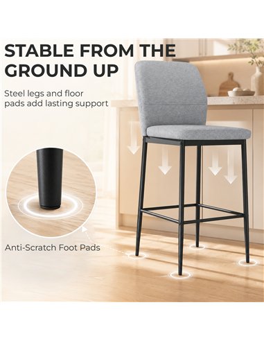 HOMCOM Modern Tall Chairs, Set of 2 Velvet Bar Stools with Footrest and Backrest, Kitchen & Living Room Stools, Grey