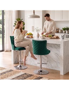 HOMCOM Bar Stools Set of 2, Modern Swivel & Adjustable Velvet Barstools with Button-Tufted Back, Footrest for Home Bar, Green 2