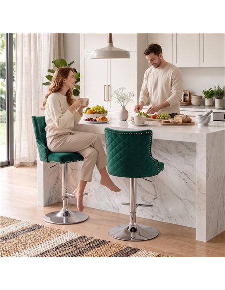 HOMCOM Bar Stools Set of 2, Modern Swivel & Adjustable Velvet Barstools with Button-Tufted Back, Footrest for Home Bar, Green - pic 207784 | FastDaddyshop