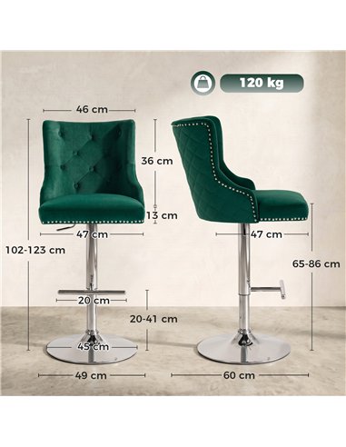 HOMCOM Bar Stools Set of 2, Modern Swivel & Adjustable Velvet Barstools with Button-Tufted Back, Footrest for Home Bar, Green