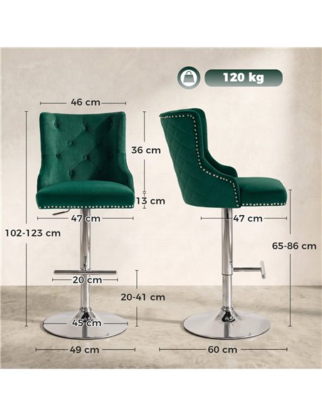 HOMCOM Bar Stools Set of 2, Modern Swivel & Adjustable Velvet Barstools with Button-Tufted Back, Footrest for Home Bar, Green - pic 207785 | FastDaddyshop