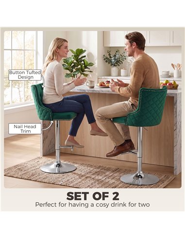 HOMCOM Bar Stools Set of 2, Modern Swivel & Adjustable Velvet Barstools with Button-Tufted Back, Footrest for Home Bar, Green