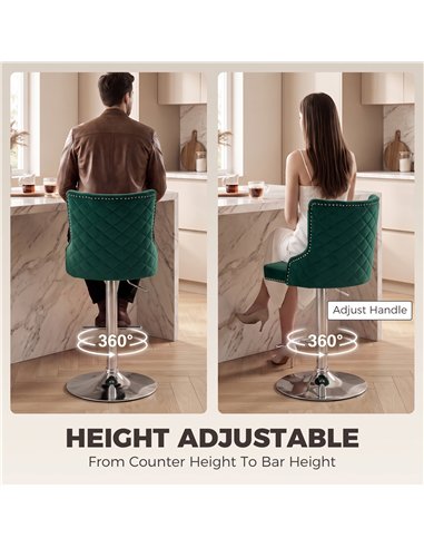 HOMCOM Bar Stools Set of 2, Modern Swivel & Adjustable Velvet Barstools with Button-Tufted Back, Footrest for Home Bar, Green