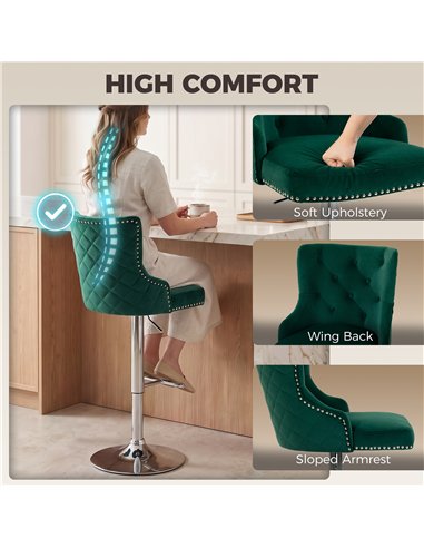 HOMCOM Bar Stools Set of 2, Modern Swivel & Adjustable Velvet Barstools with Button-Tufted Back, Footrest for Home Bar, Green