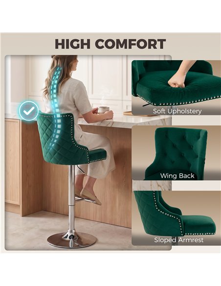 HOMCOM Bar Stools Set of 2, Modern Swivel & Adjustable Velvet Barstools with Button-Tufted Back, Footrest for Home Bar, Green - pic 207788 | FastDaddyshop