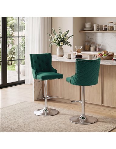 HOMCOM Bar Stools Set of 2, Modern Swivel & Adjustable Velvet Barstools with Button-Tufted Back, Footrest for Home Bar, Green