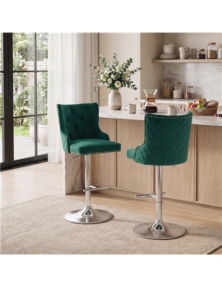 HOMCOM Bar Stools Set of 2, Modern Swivel & Adjustable Velvet Barstools with Button-Tufted Back, Footrest for Home Bar, Green - pic 207791 | FastDaddyshop