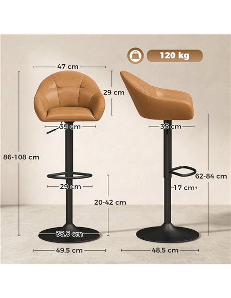 HOMCOM Bar Stools Adjustable Heights Breakfast Bar Stools Backrest Armrests Set of 2, Brown - pic 207821 | FastDaddyshop