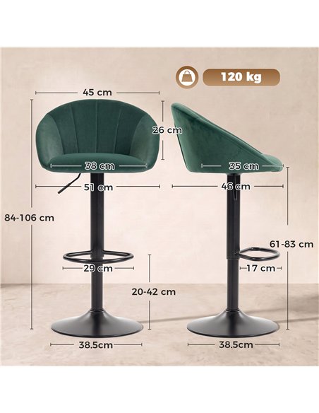 HOMCOM Bar Stools Set of 2 Adjustable Swivel Velvet Breakfast Bar Stools with Backrest, Dark Green - pic 207830 | FastDaddyshop