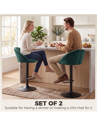 HOMCOM Bar Stools Set of 2 Adjustable Swivel Velvet Breakfast Bar Stools with Backrest, Dark Green