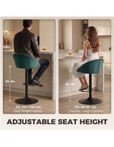 HOMCOM Bar Stools Set of 2 Adjustable Swivel Velvet Breakfast Bar Stools with Backrest, Dark Green