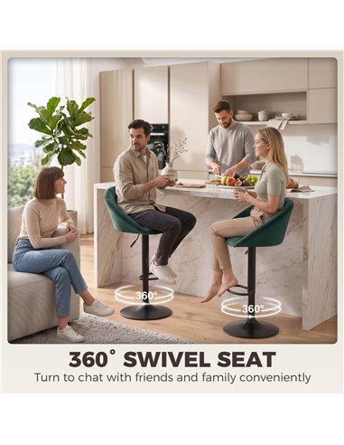 HOMCOM Bar Stools Set of 2 Adjustable Swivel Velvet Breakfast Bar Stools with Backrest, Dark Green