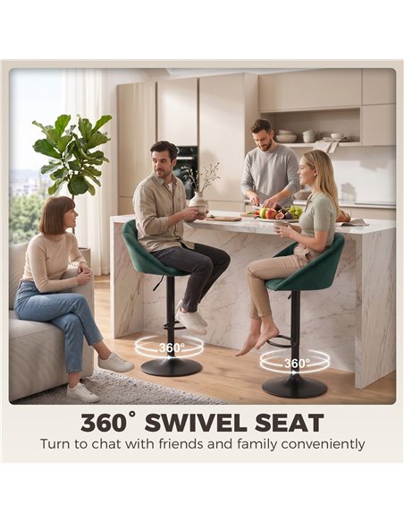 HOMCOM Bar Stools Set of 2 Adjustable Swivel Velvet Breakfast Bar Stools with Backrest, Dark Green - pic 207834 | FastDaddyshop