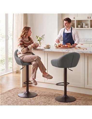 HOMCOM Bar Stools Adjustable Heights Breakfast Bar Stools Backrest Armrests Set of 2 with Rubber Ring Metal Base, Grey