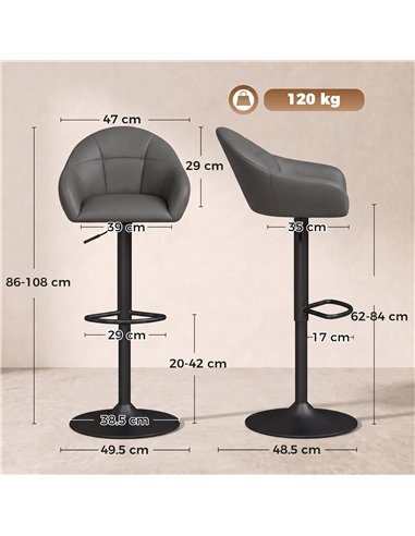 HOMCOM Bar Stools Adjustable Heights Breakfast Bar Stools Backrest Armrests Set of 2 with Rubber Ring Metal Base, Grey