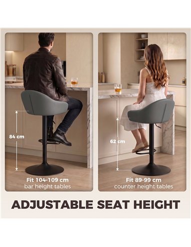 HOMCOM Bar Stools Adjustable Heights Breakfast Bar Stools Backrest Armrests Set of 2 with Rubber Ring Metal Base, Grey