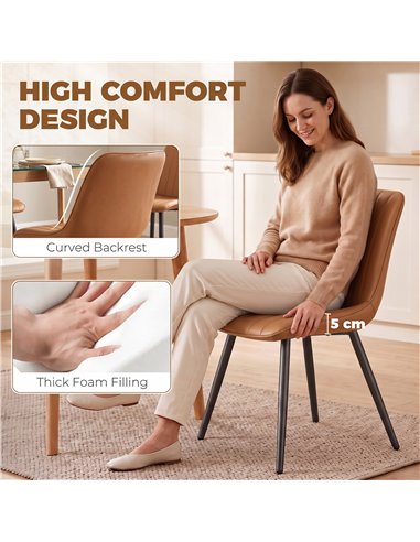 HOMCOM Faux Leather Upholstered Kitchen Chairs, Modern Dining Chairs Set of 2 with Metal Legs for Dining Room, Brown