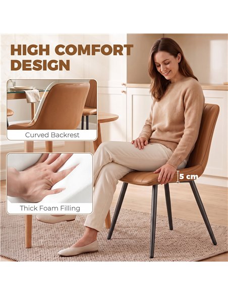 HOMCOM Faux Leather Upholstered Kitchen Chairs, Modern Dining Chairs Set of 2 with Metal Legs for Dining Room, Brown - pic 207904 | FastDaddyshop