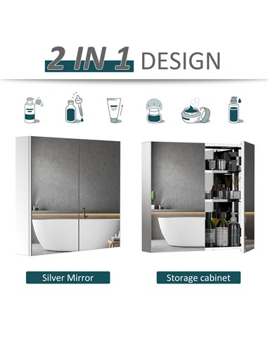 HOMCOM Stainless Steel Bathroom Mirror Cabinet with Double Doors, Silver