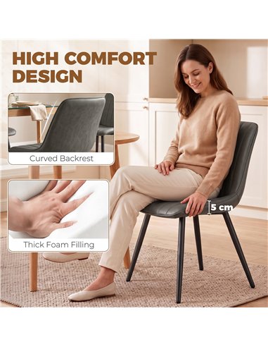 HOMCOM Faux Leather Upholstered Kitchen Chairs, Modern Dining Chairs Set of 2 with Metal Legs for Dining Room, Grey