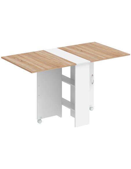 HOMCOM Folding Dining Table, Drop Leaf Table with 2-Tier Shelves, Rolling Casters, White and Natural - pic 207945 | FastDaddyshop